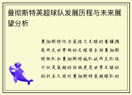 曼彻斯特英超球队发展历程与未来展望分析
