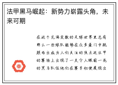 法甲黑马崛起：新势力崭露头角，未来可期